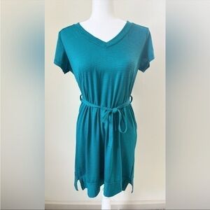 Kavu Blue Striped V-Neck Jersey Knit Soft Comfy
Tie Waist Summer Shirt Dress